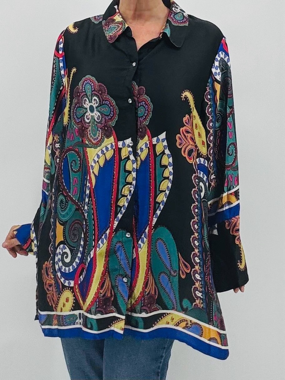 Vintage Y2K Artsy Boho Paisley Abstract Print Satin Rhinestone Tunic Top Size 1X - Picture 4 of 13